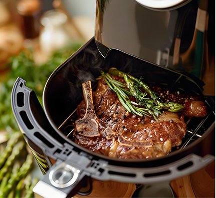 Geöffnetes Airfryer-Fach mit gegartem Steak und Kräutern