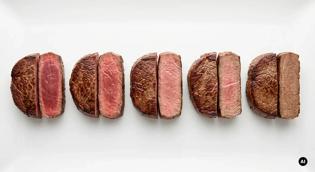 F�nf Steak-Anschnitte in einer Reihe, von blutig links bis durchgegart rechts