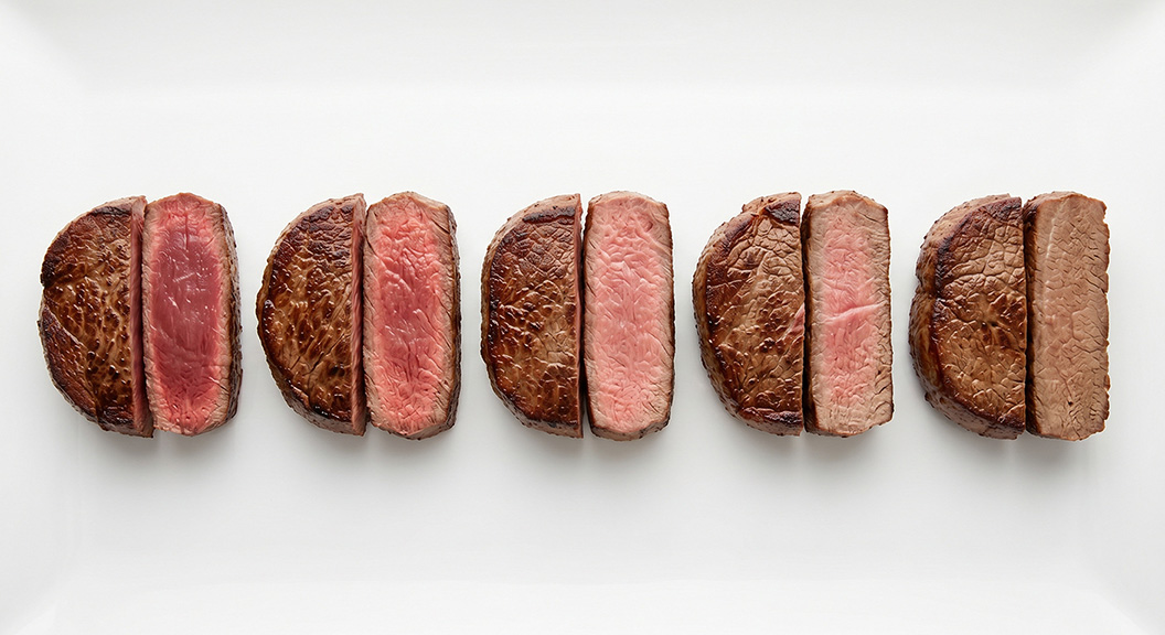 Fünf Steak-Anschnitte in einer Reihe, von blutig links bis durchgegart rechts