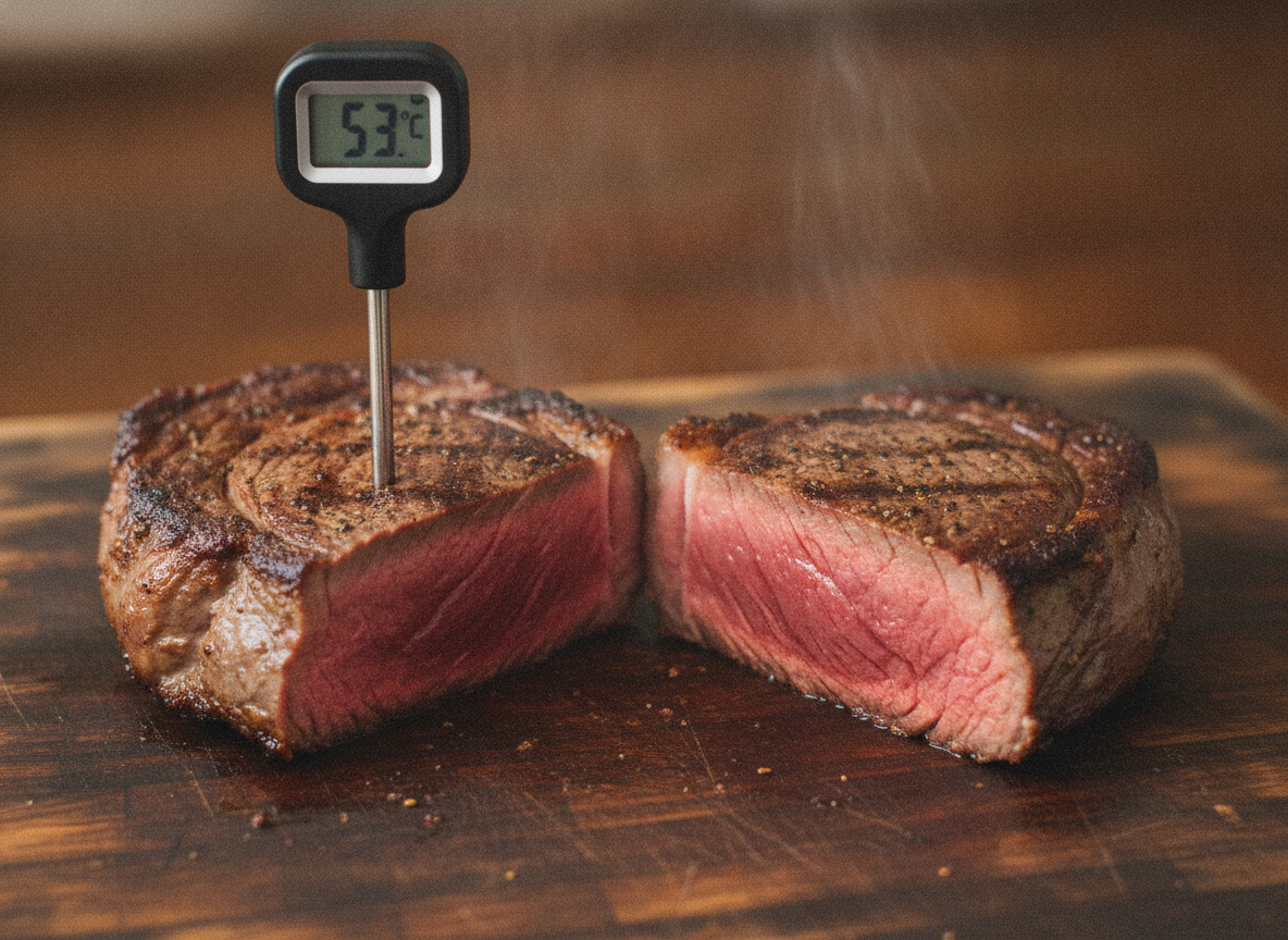 Perfekt medium gebratenes Steak, aufgeschnitten mit eingestecktem Fleischthermometer